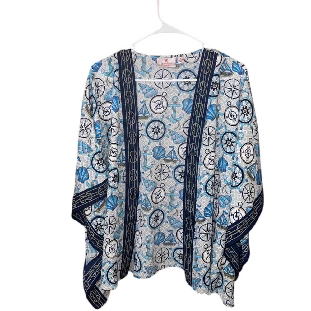 Quacker Factory Kimono Wrap Medium Blue Nautical Anchor Shell Open Cardigan